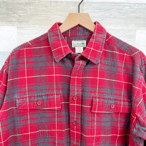 LL Bean Plaid Flannel Button Front Shirt Red Gray Vintage 90s Mens Large Tall LT - Picture 2 of 5
